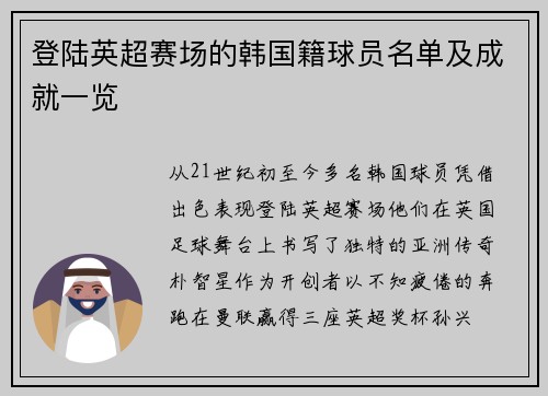 登陆英超赛场的韩国籍球员名单及成就一览
